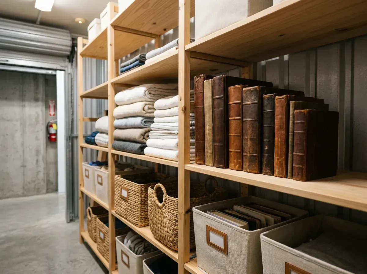 Aged books sit on a wooden bookshelf in an indoor self storage unit.